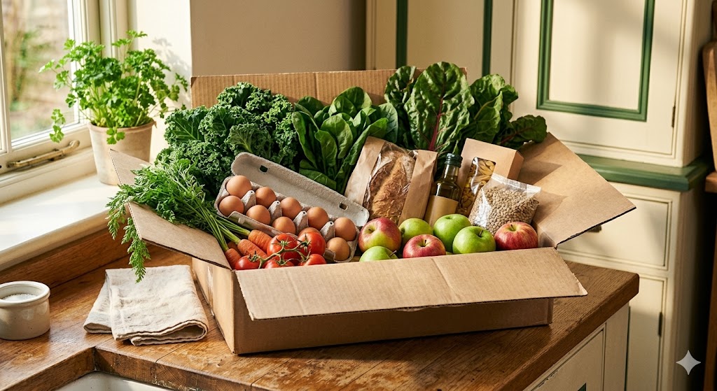 A package of fresh produce, proteins, and pantry staples