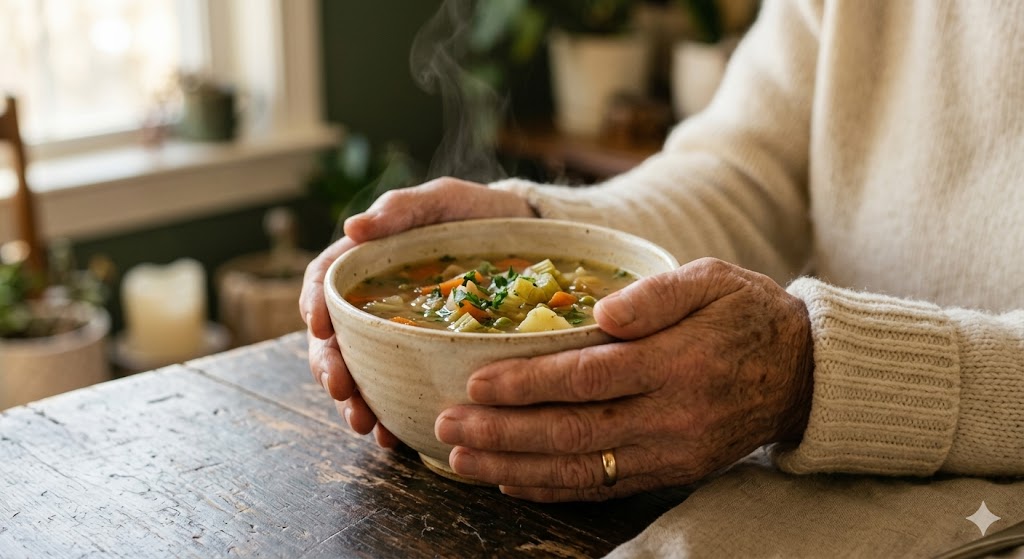 A warm bowl of soup held with both hands — HeartMeals medically tailored meal delivery for NY Medicaid members
